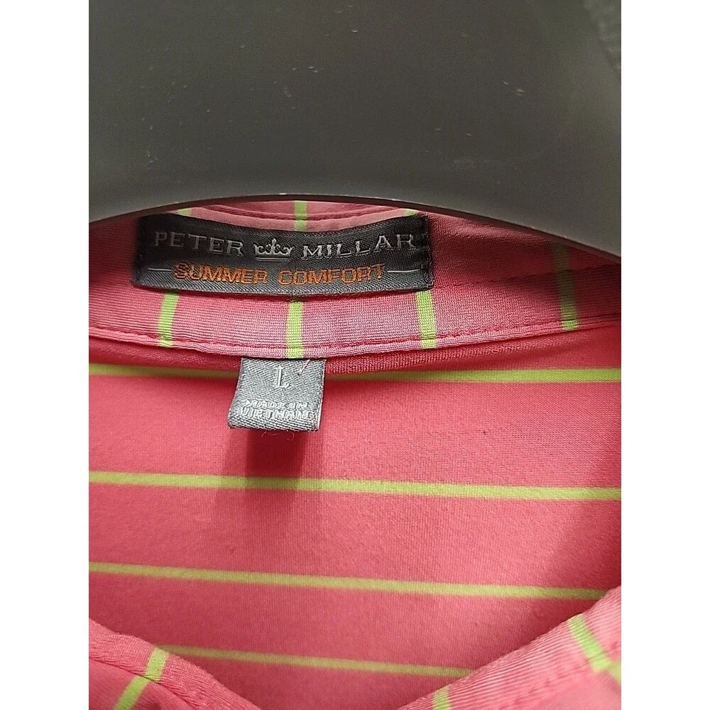 Peter Millar Shirt Men's Large Summer Comfort Pink Lime Striped Polo Golf NoLogo